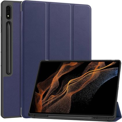 Mobigear Tri-Fold Gel Samsung Galaxy Tab S9 Ultra Hoes TPU,Kunstleer Bookcase + Stylus Houder - Donkerblauw