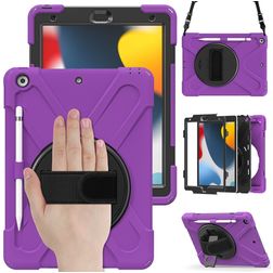 Mobigear SureGrip XGuard iPad 9 (2021) Hoes Hard Kunststof,Siliconen Backcover + Stylus Houder + Schouderband + Standaard - Paars