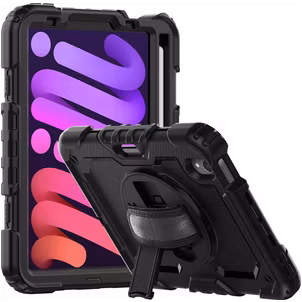Mobigear SureGrip Xtreme iPad Mini 7 (2024) Hoes Hard Kunststof,Siliconen Backcover + Stylus Houder + Schouderband + Standaard - Zwart