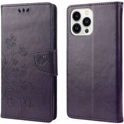 Mobigear Flowers iPhone 14 Pro Hoesje Bookcase Portemonnee - Paars