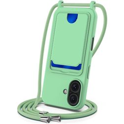 Mobigear Lanyard Card iPhone 16 Siliconen Hoesje met koord en Pasjeshouder - Groen