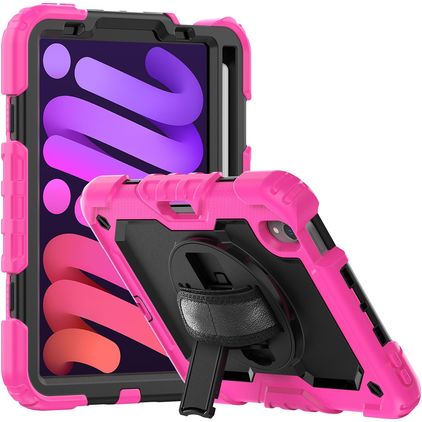 Mobigear SureGrip Xtreme iPad Mini 6 (2021) Hoes Hard Kunststof,Siliconen Backcover + Stylus Houder + Schouderband + Standaard - Zwart / Roze