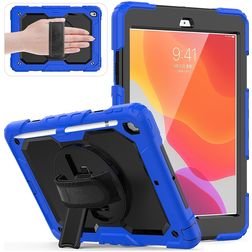 Mobigear SureGrip Xtreme iPad 7 (2019) Hoes Hard Kunststof,Siliconen Backcover + Stylus Houder + Schouderband + Standaard - Zwart / Blauw