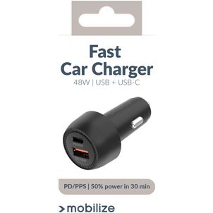 Mobilize Dual USB / USB-C Autolader Power Delivery 48W - Zwart