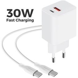 Mobiparts Wall Charger Dual USB / USB-C USB-C 1 Meter Power Delivery 30W 3A - Wit