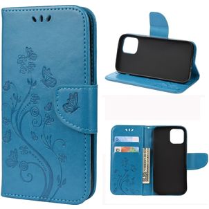 Mobigear Flowers iPhone 12 Hoesje Bookcase Portemonnee - Blauw