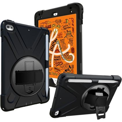 Mobigear SureGrip XGuard iPad Mini 5 (2019) Hoes Hard Kunststof,Siliconen Backcover + Stylus Houder + Schouderband + Standaard - Zwart