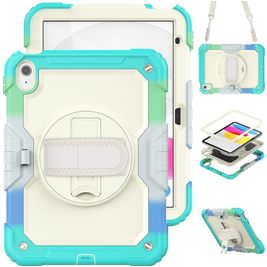 Mobigear SureGrip Xtreme iPad 11 (2025) Hoes Hard Kunststof,Siliconen Backcover + Schouderband + Standaard - Wit / Turquoise