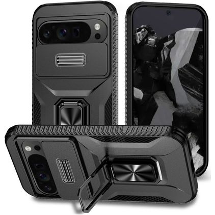 Mobigear Armor Ring Cam Slide Google Pixel 9 Pro XL Hoesje Hardcase Backcover Shockproof met Ringhouder en Camera Slider - Zwart