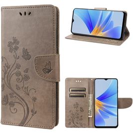 Mobigear Flowers OPPO A17 Hoesje Bookcase Portemonnee - Grijs Mobigear Flowers OPPO A17 Hoesje Bookcase Portemonnee - Grijs