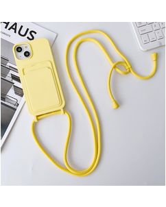 Mobigear Lanyard Card iPhone 15 Siliconen Hoesje met koord en Pasjeshouder - Geel