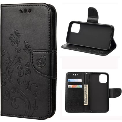 Mobigear Flowers iPhone 12 Hoesje Bookcase Portemonnee - Zwart
