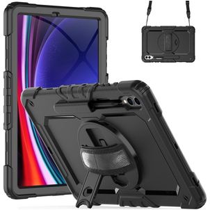 Mobigear SureGrip Xtreme Samsung Galaxy Tab S9 FE Plus Hoes Hard Kunststof,Siliconen Backcover + Stylus Houder + Schouderband + Standaard - Zwart
