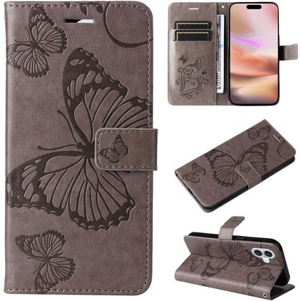 Mobigear Butterfly iPhone 16 Plus Hoesje Bookcase Portemonnee - Grijs