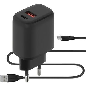 Mobiparts Dual USB / USB-C Oplader Micro USB 1 Meter Power Delivery 20W 3A - Zwart