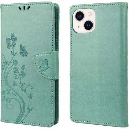 Mobigear Flowers iPhone 14 Plus Hoesje Bookcase Portemonnee - Groen