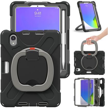 Mobigear RingGuard iPad Mini 7 (2024) Hoes Hard Kunststof,Siliconen Backcover + Stylus Houder + Schouderband + Standaard - Zwart