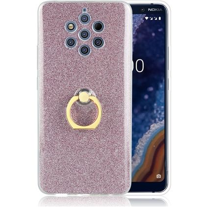 Mobigear Glitter Ring Nokia 9 PureView Hoesje Flexibel TPU Backcover met Ringhouder - Roségoud