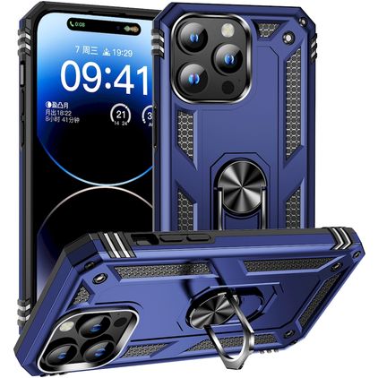 Mobigear Armor Ring iPhone 15 Pro Hoesje Hardcase Backcover Shockproof met Ringhouder - Blauw