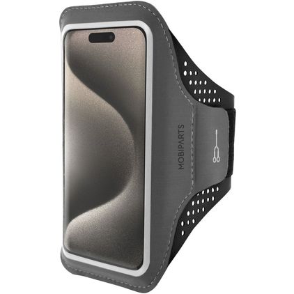 Mobiparts Comfort Fit Telefoonhouder Hardlopen iPhone 15 Pro Sport Hoesje Neopreen Sportarmband - Zwart