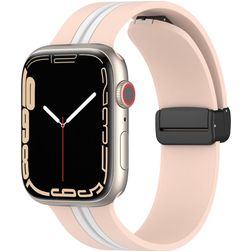 Mobigear Stripe Mag Siliconen Apple Watch Bandje Magneetsluiting - 49/46/45/44 mm - Wit / Roze