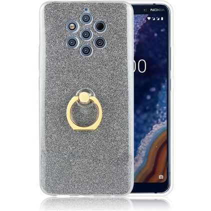 Mobigear Glitter Ring Nokia 9 PureView Hoesje Flexibel TPU Backcover met Ringhouder - Grijs