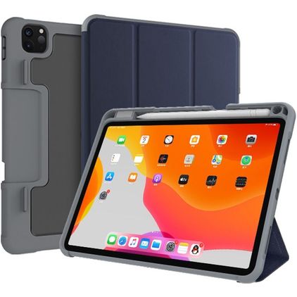 Mutural Tri-Fold Tough iPad Pro 11 Inch (2021) Hoes Bookcase + Stylus Houder - Zwart / Marineblauw