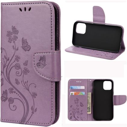 Mobigear Flowers iPhone 12 Pro Hoesje Bookcase Portemonnee - Paars