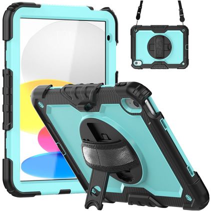 Mobigear SureGrip Xtreme iPad 10 (2022) Hoes Hard kunststof / Siliconen Backcover + Schouderband + Standaard - Zwart / Blauw