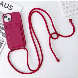 Mobigear Lanyard Card iPhone 15 Plus Siliconen Hoesje met koord en Pasjeshouder - Bordeaux Rood