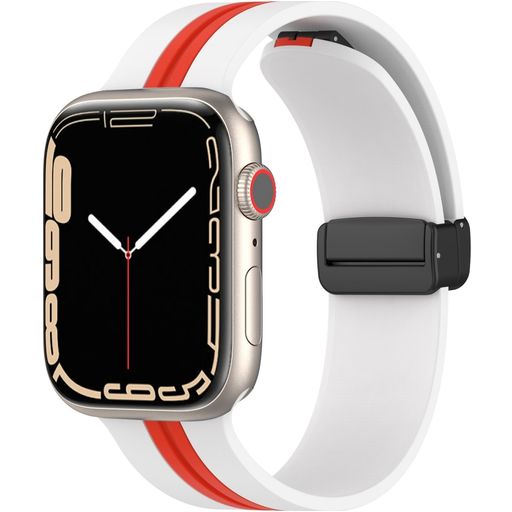 Mobigear Stripe Mag Siliconen Apple Watch Bandje Magneetsluiting - 42/41/40/38 mm - Wit / Rood