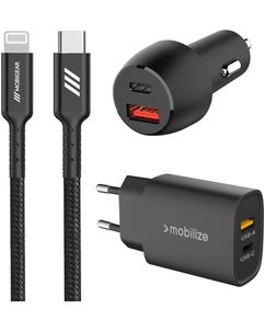 Mobigear Essentials Oplader + Autolader + Apple Lightning Kabel 1 Meter Power Delivery 48W - Zwart