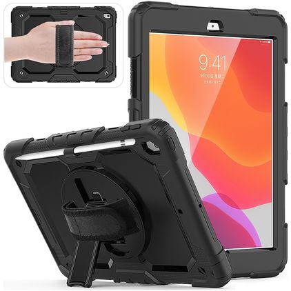 Mobigear SureGrip Xtreme iPad 7 (2019) Hoes Hard Kunststof,Siliconen Backcover + Stylus Houder + Schouderband + Standaard - Zwart