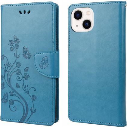 Mobigear Flowers iPhone 14 Plus Hoesje Bookcase Portemonnee - Blauw