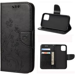 Mobigear Flowers iPhone 12 Hoesje Bookcase Portemonnee - Zwart