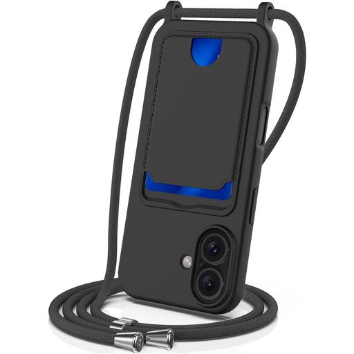 Mobigear Lanyard Card iPhone 16 Siliconen Hoesje met koord en Pasjeshouder - Zwart