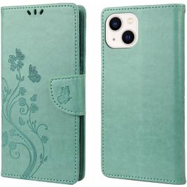 Mobigear Flowers iPhone 14 Hoesje Bookcase Portemonnee - Groen
