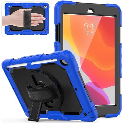 Mobigear SureGrip Xtreme iPad 7 (2019) Hoes Hard Kunststof,Siliconen Backcover + Stylus Houder + Schouderband + Standaard - Zwart / Blauw