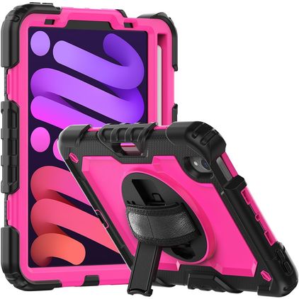 Mobigear SureGrip Xtreme iPad Mini 6 (2021) Hoes Hard Kunststof,Siliconen Backcover + Stylus Houder + Schouderband + Standaard - Zwart / Roze