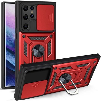 Mobigear Armor Ring Cam Slide Samsung Galaxy S22 Ultra Hoesje Hardcase Backcover Shockproof met Ringhouder - Rood