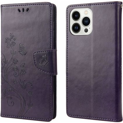 Mobigear Flowers iPhone 14 Pro Hoesje Bookcase Portemonnee - Paars