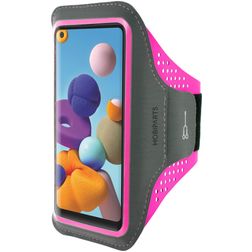 Mobiparts Comfort Fit Telefoonhouder Hardlopen Samsung Galaxy A21s Sport Hoesje Neopreen Sportarmband - Neon Pink