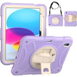 Mobigear SureGrip iPad 10 (2022) Hoes Hard Kunststof,Siliconen Backcover + Stylus Houder + Schouderband + Standaard - Paars
