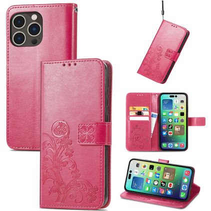 Mobigear Clover iPhone 15 Pro Hoesje Bookcase Portemonnee - Magenta