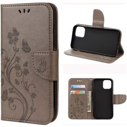 Mobigear Flowers iPhone 12 Pro Hoesje Bookcase Portemonnee - Grijs
