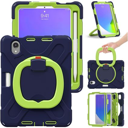 Mobigear RingGuard iPad Mini 6 (2021) Hoes Hard Kunststof,Siliconen Backcover + Stylus Houder + Schouderband + Standaard - Blauw / Groen