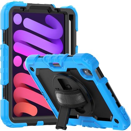 Mobigear SureGrip Xtreme iPad Mini 6 (2021) Hoes Hard Kunststof,Siliconen Backcover + Stylus Houder + Schouderband + Standaard - Zwart / Blauw