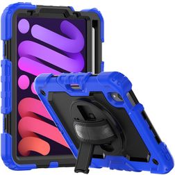 Mobigear SureGrip Xtreme iPad Mini 7 (2024) Hoes Hard Kunststof,Siliconen Backcover + Stylus Houder + Schouderband + Standaard - Zwart / Donkerblauw
