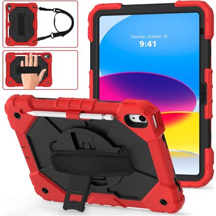 Mobigear SureGrip Xtreme iPad 10 (2022) Hoes Hard Kunststof,Siliconen Backcover + Stylus Houder + Schouderband + Standaard - Rood