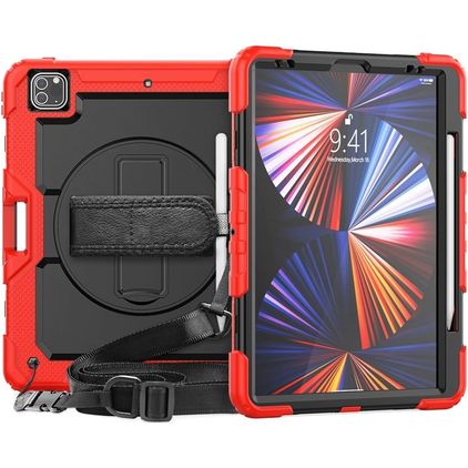 Mobigear SureGrip Xtreme iPad Pro 12.9 Inch (2018) Hoes Hard Kunststof,Siliconen Backcover + Stylus Houder + Schouderband + Standaard - Zwart / Rood